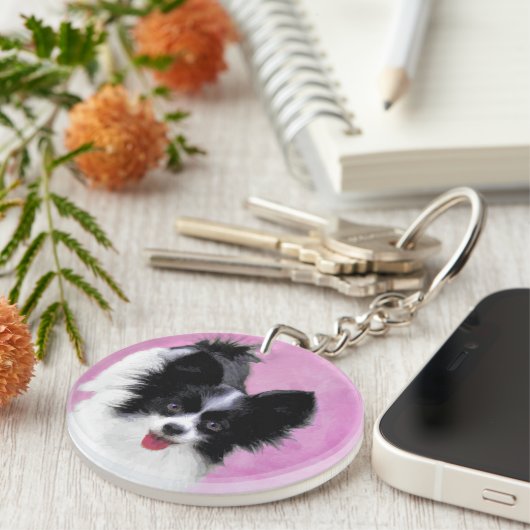 Papillon (wit en zwart) schilderen - Dog Art Sleutelhanger (Voorkant Rechts)