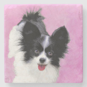 Papillon (wit en zwart) schilderen - Dog Art Stenen Onderzetter