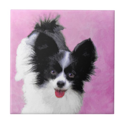 Papillon (wit en zwart) schilderen - Dog Art Tegeltje (Voorkant)