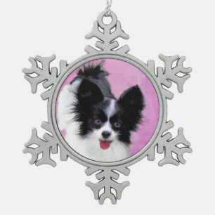 Papillon (wit en zwart) schilderen - Dog Art Tin Sneeuwvlok Ornament