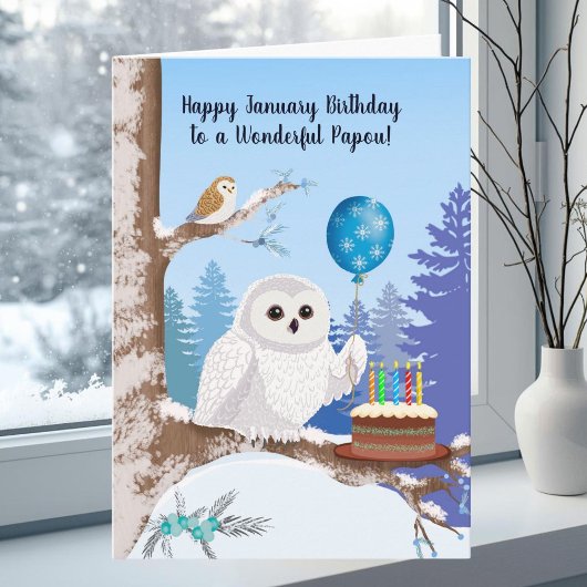 Papou Happy January Birthday Snowy Owl Kaart