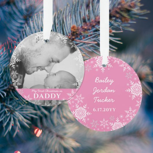 Pappa's eerste kerstsnowflakes roze meisjesfoto ornament