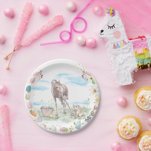Pappteller Ostermotiv, Süsses Hase mit Pferd Papieren Bordje (Feest)