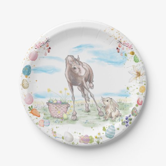 Pappteller Ostermotiv, Süsses Hase mit Pferd Papieren Bordje (Voorkant)