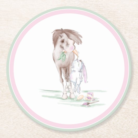 Pappuntersetzer Ostermotiv, Pferd und Hase Ronde Kartonnen Onderzetter (Voorkant)