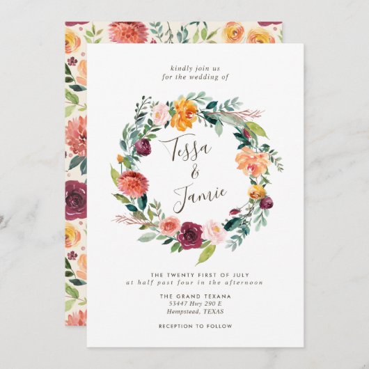 Paprika Bourgondië Bloemenkrans Trouwkaart Kaart (Voorkant / Achterkant)