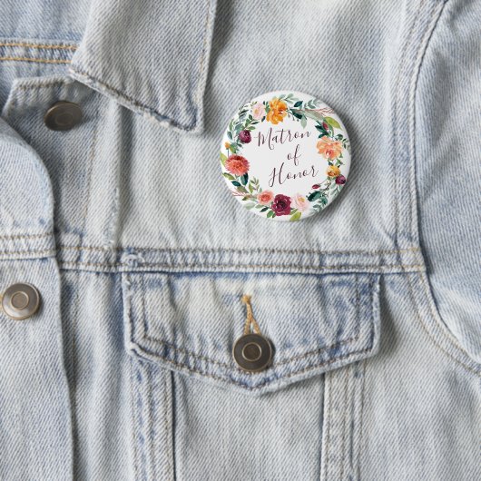 Paprika Burgundy Floral Matron of Honor Button (In situ)