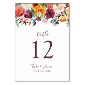 Paprika Burgundy Floral Table Number Kaart (Achterkant)