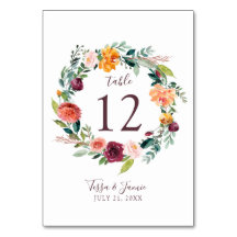 Paprika Burgundy Floral Table Number Kaart