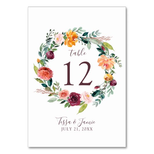 Paprika Burgundy Floral Table Number Kaart (Voorkant)