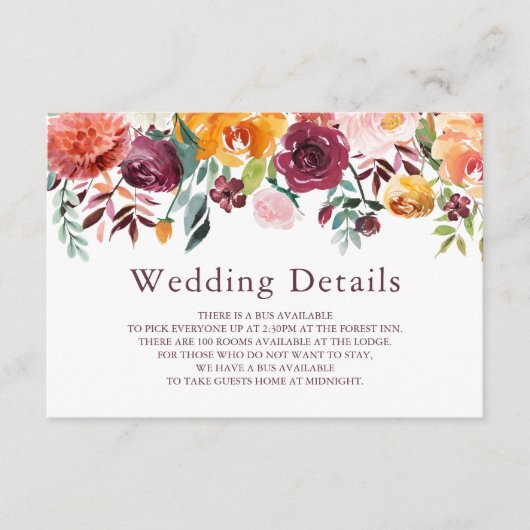 Paprika Burgundy Floral Wedding Details Kaart (Voorkant)