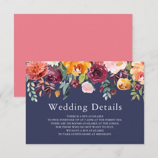 Paprika Burgundy Floral Wedding Details Kaart (Voorkant / Achterkant)