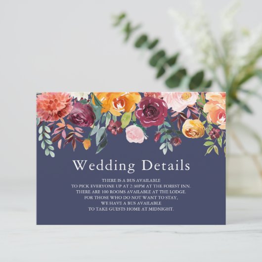 Paprika Burgundy Floral Wedding Details Kaart (Staand voorkant)