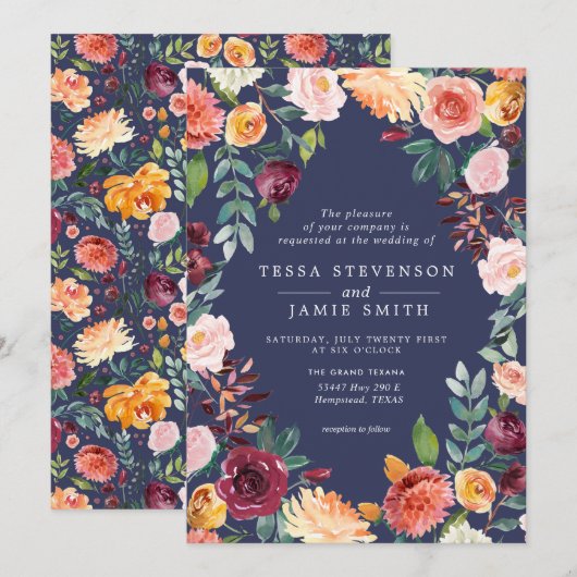Paprika Burgundy Floral Wedding Invitation Kaart (Voorkant / Achterkant)