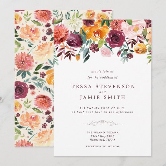 Paprika Burgundy Floral Wedding Invitation Kaart (Voorkant / Achterkant)
