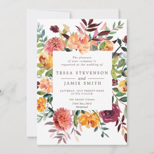 Paprika Burgundy Floral Wedding Invitation Kaart (Voorkant)