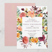 Paprika Burgundy Floral Wedding Invitation Kaart (Voorkant / Achterkant)