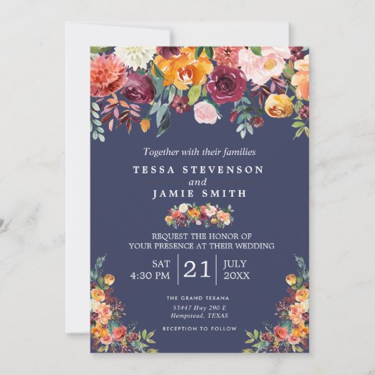 Paprika Burgundy Floral Wedding Invitation Kaart (Voorkant)