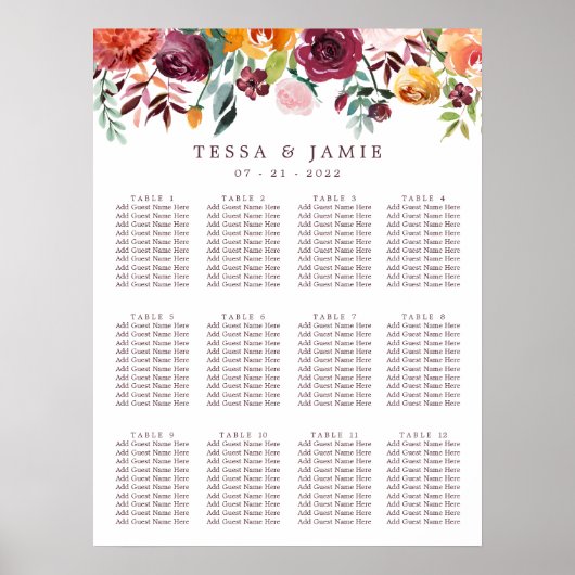 Paprika Burgundy Floral Wedding Seating Chart Poster (Voorkant)