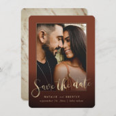 Paprika Sienna Gold Script & marble Photo Overlay Save The Date (Voorkant / Achterkant)