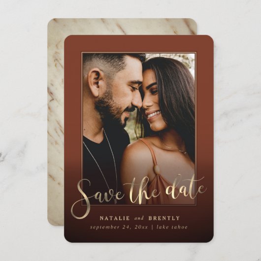 Paprika Sienna Gold Script & marble Photo Overlay Save The Date (Voorkant / Achterkant)