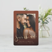 Paprika Sienna Gold Script & marble Photo Overlay Save The Date (Staand voorkant)