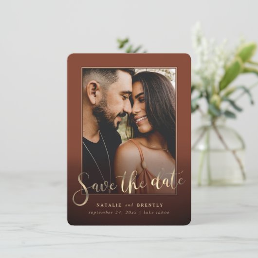 Paprika Sienna Gold Script & marble Photo Overlay Save The Date (Staand voorkant)