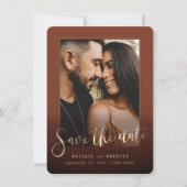 Paprika Sienna Gold Script & marble Photo Overlay Save The Date (Voorkant)