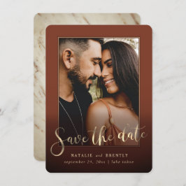 Paprika Sienna Gold Script & marble Photo Overlay Save The Date