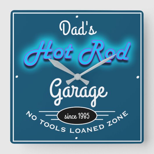 Pap's Hot Rod Garage Blue Faux met witte tekst Vierkante Klok (Voorkant)