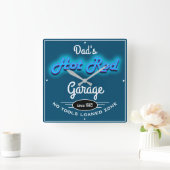 Pap's Hot Rod Garage Blue Faux met witte tekst Vierkante Klok (Huis)