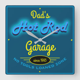 Pap's Hot Rod Garage Blue Faux Neon look & Yellow Vierkante Klok