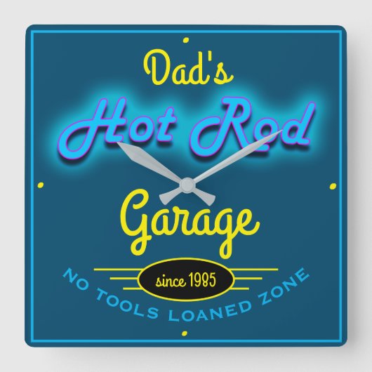 Pap's Hot Rod Garage Blue Faux Neon look & Yellow Vierkante Klok (Voorkant)