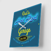 Pap's Hot Rod Garage Blue Faux Neon look & Yellow Vierkante Klok (Hoek)