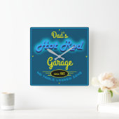Pap's Hot Rod Garage Blue Faux Neon look & Yellow Vierkante Klok (Huis)