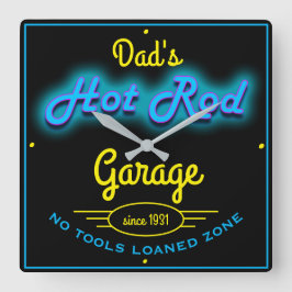 Pap's Hot Rod Garage Blue Yellow Faux Neon Effect Vierkante Klok