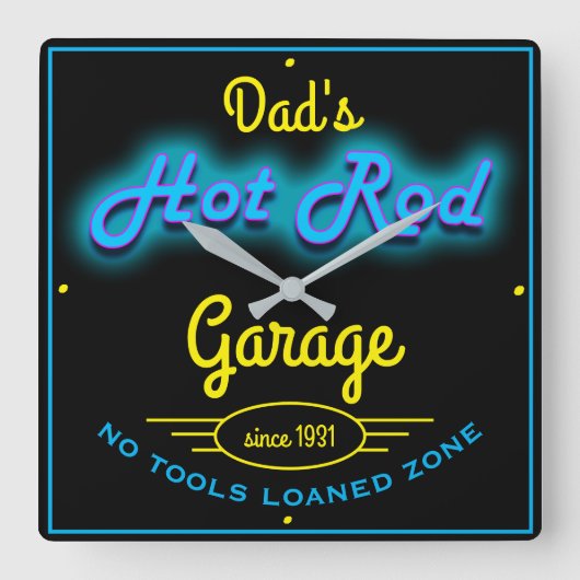 Pap's Hot Rod Garage Blue Yellow Faux Neon Effect Vierkante Klok (Voorkant)
