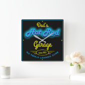 Pap's Hot Rod Garage Blue Yellow Faux Neon Effect Vierkante Klok (Huis)
