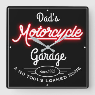 Pap's Motorfiets Garage Red Faux Neon Black  Vierkante Klok