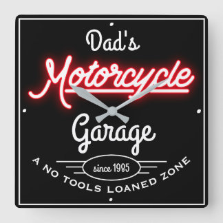 Pap's Motorfiets Garage Red Faux Neon Black Vierkante Klok