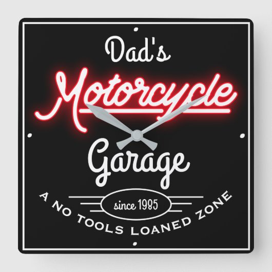 Pap's Motorfiets Garage Red Faux Neon Black  Vierkante Klok (Voorkant)