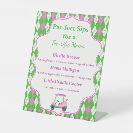 Par Golf Sips Drink Menu Baby shower Golfkar Reclamebord Met Voetstuk (Voorkant)