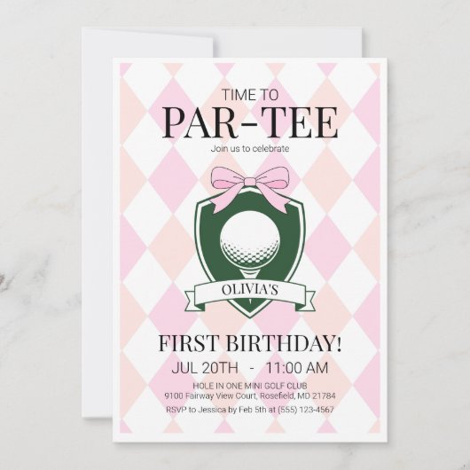 Par-T-shirt Pink Golf eerste verjaardagsfeest Kaart (Voorkant)