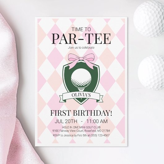 Par-T-shirt Pink Golf eerste verjaardagsfeest Kaart