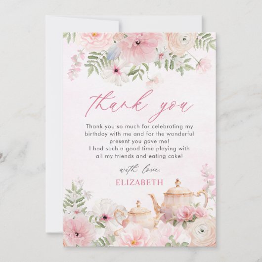 Par-tea Bloementhee Meisje Verjaardagsfeestje Bedankkaart (Voorkant)