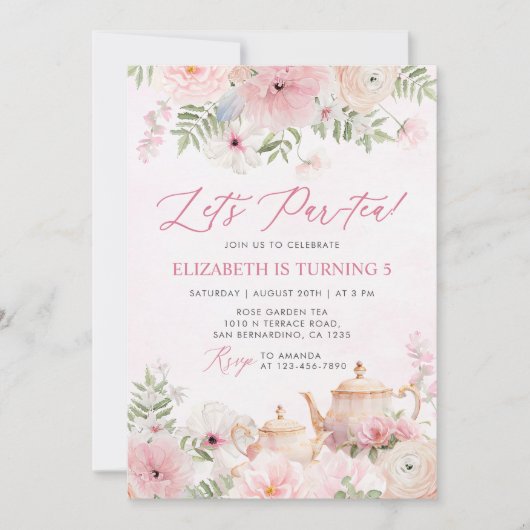 Par-tea Bloementhee Meisje Verjaardagsfeestje Kaart (Voorkant)