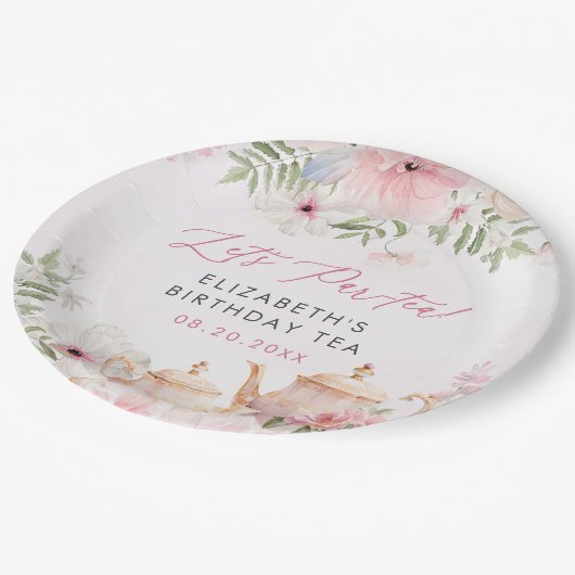 Par-tea Bloementhee Meisje Verjaardagsfeestje Papieren Bordje (Gekanteld)