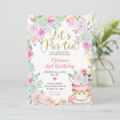 Par-tea Floral Tea Verjaardag Meisje Uitnodiging (Staand voorkant)