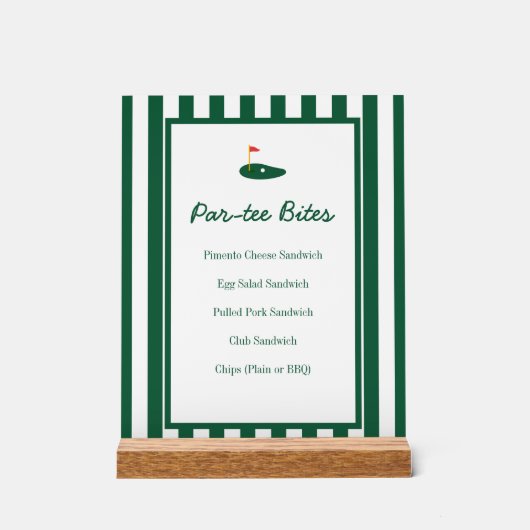 Par-tee Golf Bites Menu voor 1e verjaardagsfeestje Acryl Bord (Voorkant)