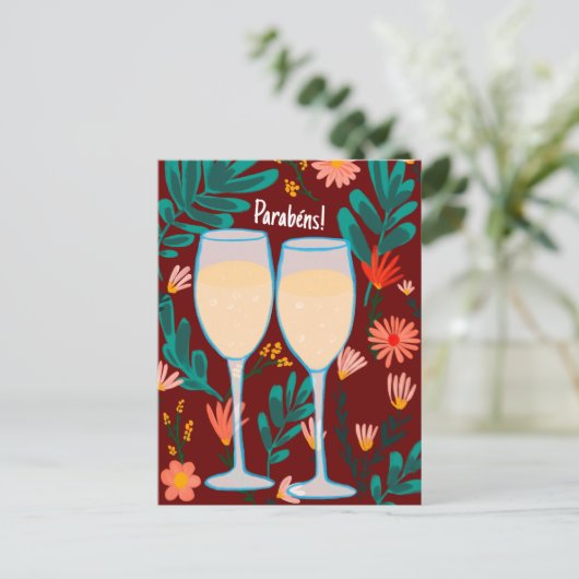 Parabens Mousserende Wijn Champagne Bloemen Gefeli Briefkaart (Staand voorkant)